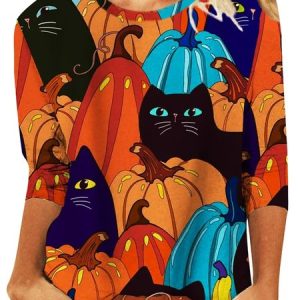 Casual Halloween Crew Neck Three Quarter Sleeve T-shirt, T-shirts, color:Orange|size:XXL, Noracora