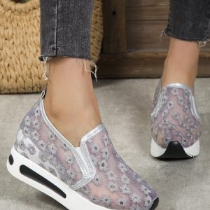 Floral Embroidery Breathable Mesh Slip-on Muffin Sneakers, Sneakers, color:Gray|size:42, JustFashionNow