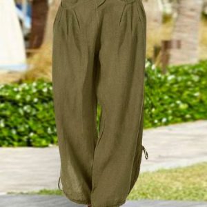 Casual Button Fly Dual Pocket Drawstring Wide Leg Pants, Pants, color:Camel|size:XXL, JustFashionNow