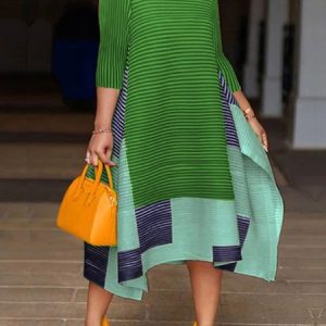 Stylewe Crew Neck Three Quarter Striped  Printed Dress, Dresses, color:Green|size:XXL, Stylewe