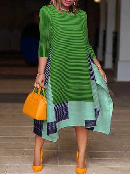 Stylewe Crew Neck Three Quarter Striped Printed Dress, Dresses, color:Green|size:XXL, Stylewe