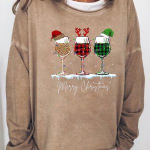 Women's Merry Christmas 3 Red Wine Glasses Christmas Crew Neck Casual Sweatshirt, color:Khaki|size:3XL, Lilicloth.com