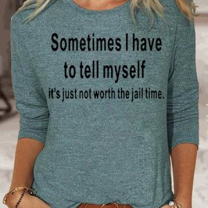 Crew Neck Long Sleeve Text Letters Regular Micro-Elasticity Regular Fit Shirt For Women, Blouses, color:Green|size:3XL, Noracora