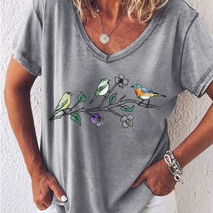 Women's Three Birds Print Casual V Neck T-Shirt, color:Gray|size:3XL, Lilicloth.com
