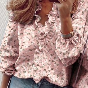 Women Casual Vintage Loosen V Neck Long Sleeve Ruffled Blouse, Blouses & Shirts, Roselinlin - Online Catalog