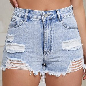 Casual Fashion Ripped High Stretch Denim Shorts Daily Vacation Women's Wear, Shorts, color:Blue|size:XL, JustFashionNow