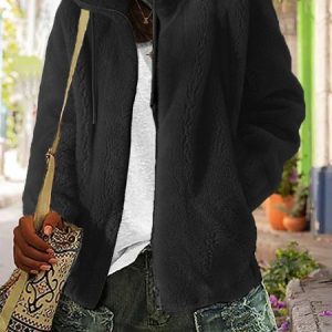 Stand Collar Long Sleeve Plain Regular Micro-Elasticity Loose Teddy Jacket For Women, Coats, color:Black|size:3XL, Noracora