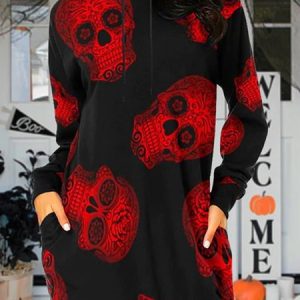 Skull Hoodie Casual Loose Dress With No, Dresses, color:Red|size:3XL, JustFashionNow