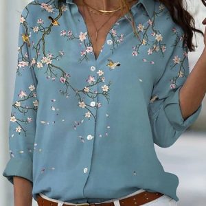 Floral Shirt Collar Loose Casual Blouse, Shirts, color:Blue|size:5XL, Noracora