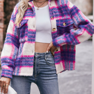 Shawl Collar Long Sleeve Plaid Heavyweight Loose Shirt Jacket For Women, Jackets, color:Rose Red|size:XL, Noracora