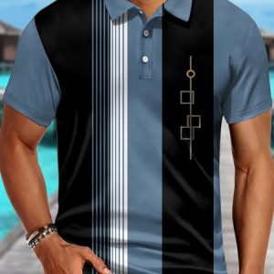 Men's Stripe Matching Funny Graphic Printing Hawaii Striped Polo Collar Polo Shirt, T-shirts, Lilicloth.com