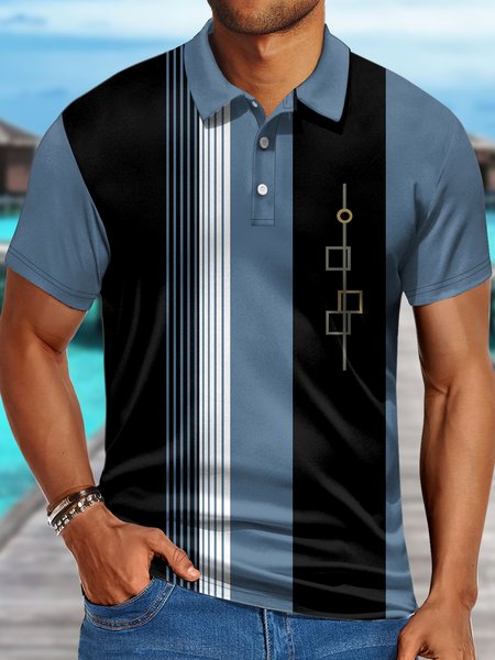 Men's Stripe Matching Funny Graphic Printing Hawaii Striped Polo Collar Polo Shirt, T-shirts, Lilicloth.com