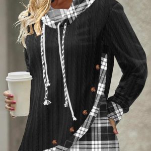 Casual Plaid Buttoned Sweatshirt, Sweatshirts & Hoodies, color:Black|size:XXL, JustFashionNow