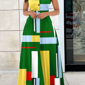 Lapel Collar Elegant Geometric Regular Fit Sleeveless Dress With No Belt, Maxi Dresses, color:Green|size:XL, Stylewe