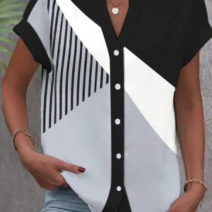 V Neck Casual Loose Color Block Blouse, Shirts & Blouses, color:Black-white|size:XXL, JustFashionNow
