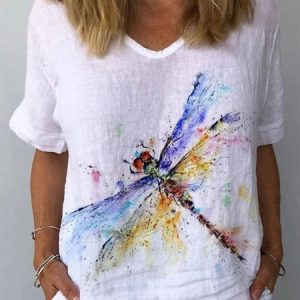 Linen Loose V Neck Dragonfly Shirt, Shirts & Blouses, color:White|size:XXL, JustFashionNow