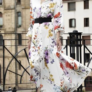 Floral Loose Shirt Collar Vacation Dress With No Belt, Maxi Dresses, color:White|size:XXL, Stylewe
