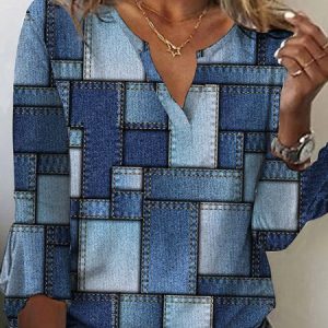 Women Geometric Shawl Collar Loose Casual Flare Sleeve Blue Top, Shirts & Blouses, color:Blue|size:XXL, JustFashionNow