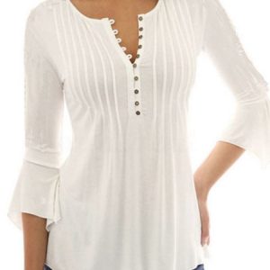 Plain Long Sleeve V Neck Casual Tunic Top, Blouses, color:White|size:XXL, Noracora