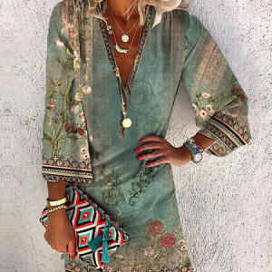 Floral Boho V Neck Loose Dress, Short, color:Green|size:XXL, Noracora