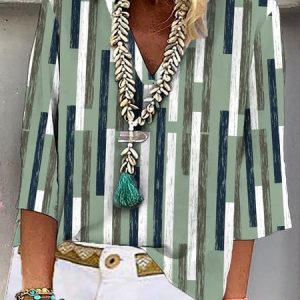 Casual V Neck Striped Printing Shirt, Shirts & Blouses, color:Green|size:XXL, JustFashionNow