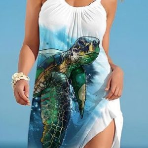 Vacation Plants Printing Scoop Neck Coverup, swimwear>>Cover Ups, color:Cyan|size:XXL, JustFashionNow