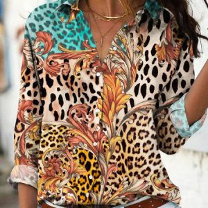 Casual Abstract Regular Fit Shawl Collar Blouse, Shirts & Blouses, color:Brown|size:XXL, JustFashionNow