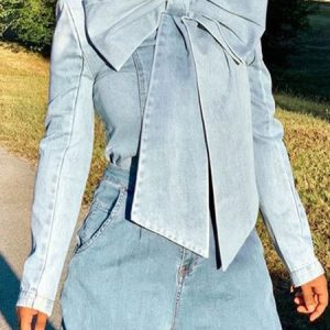 Plain Regular Fit Urban Long Sleeve Denim Top, Tops, color:Blue|size:XXL, Stylewe