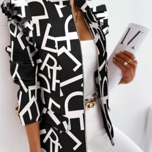 Lapel Collar Long Sleeve Animal Regular Micro-Elasticity Regular Fit Jacket For Women, Jackets, color:Black-white|size:3XL, Noracora
