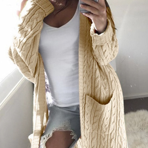 Women Wool/Knitting Plain Long Sleeve Comfy Casual Cardigan, Cardigans, color:Khaki|size:3XL, Noracora