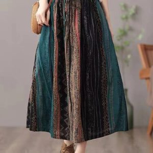 Casual Striped A-Line Natural Midi Skirt, Skirts, color:darkgreen|size:XL, Noracora