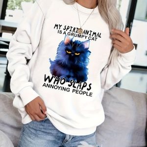 Crew Neck Text Letters Cat Printing Loose Casual Sweatshirt, Sweatshirts & Hoodies, color:White|size:3XL, JustFashionNow