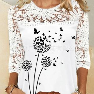 Crew Neck Long Sleeve Floral Lace Regular Loose Shirt For Women, Blouses, color:Black-white|size:3XL, Noracora