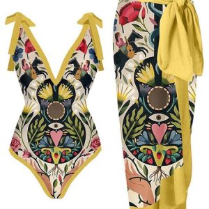 Vacation Abstract Printing V Neck One Piece With Cover Up, Coverups, color:Yellow|size:XXL, Stylewe