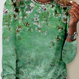 Women's Floral Simple Long sleeve Shirt, color:Green|size:3XL, Lilicloth.com