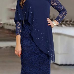 Women Plain Crew Neck Long Sleeve Comfy Casual Lace Midi Dress, Dresses, color:Dark_blue|size:5XL, Noracora
