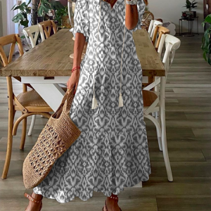 Women Floral V Neck Short Sleeve Comfy Casual Maxi Dress, Maxi, color:Gray|size:XS, catalog Noracora shop