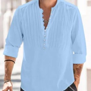 Casual V Neck Plain Shirt, Shirts ＆ Blouse, color:Light Blue|size:3XL, JustFashionNow