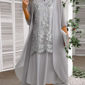 Elegant Plain Lace Loose Two-Piece Set, Suit Set, color:Gray|size:XXL, JustFashionNow