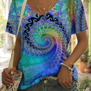 Ethnic Casual V Neck T-Shirt, T-Shirts, color:Blue|size:XXL, JustFashionNow