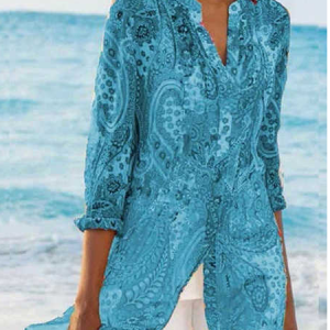 JFN V Neck Floral Tribal Vacation Shirt, Shirts & Blouses, color:Blue|size:XXL, JustFashionNow