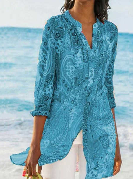 JFN V Neck Floral Tribal Vacation Shirt, Shirts & Blouses, color:Blue|size:XXL, JustFashionNow