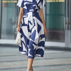Casual Shirt Collar Abstract Printing Dress With No, Maxi Dresses, color:white-blue|size:XS, Stylewe
