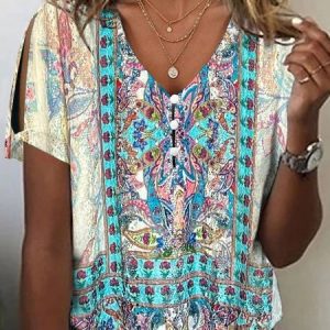 Casual Loose V Neck Ethnic Shirt, Shirts & Blouses, color:Blue|size:XXL, JustFashionNow
