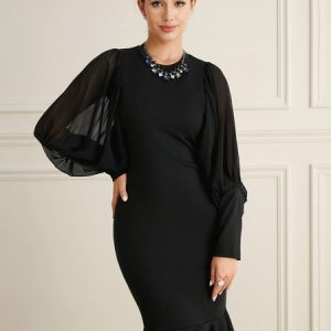 Plain Elegant Crew Neck Tight Long Sleeve Midi Party Dress, Cocktail Dresses, color:Black|size:XXL, Stylewe