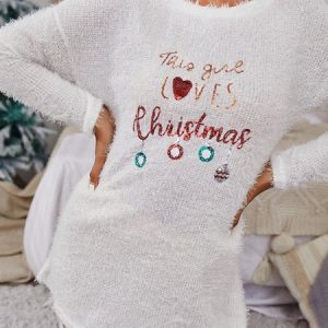 Women Text Letters Crew Neck Long Sleeve Comfy Casual Short Sweater Dress, Sweater Dresses, color:White|size:XL, Noracora