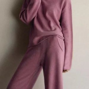 Plain Long Sleeve Casual Two-Piece Set, Tops, color:Pink|size:S, JustFashionNow