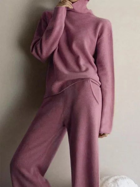 Plain Long Sleeve Casual Two-Piece Set, Tops, color:Pink|size:S, JustFashionNow