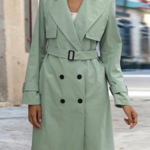 Lapel Collar Long Sleeve Plain Buckle Regular Loose Trench Coat For Women, Trench coat, color:Green|size:XL, Noracora
