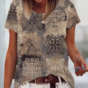 Casual Geometric Printed Round Neck Loose shirt & Top, T-shirts, color:As Picture|size:XXL, catalog Noracora shop